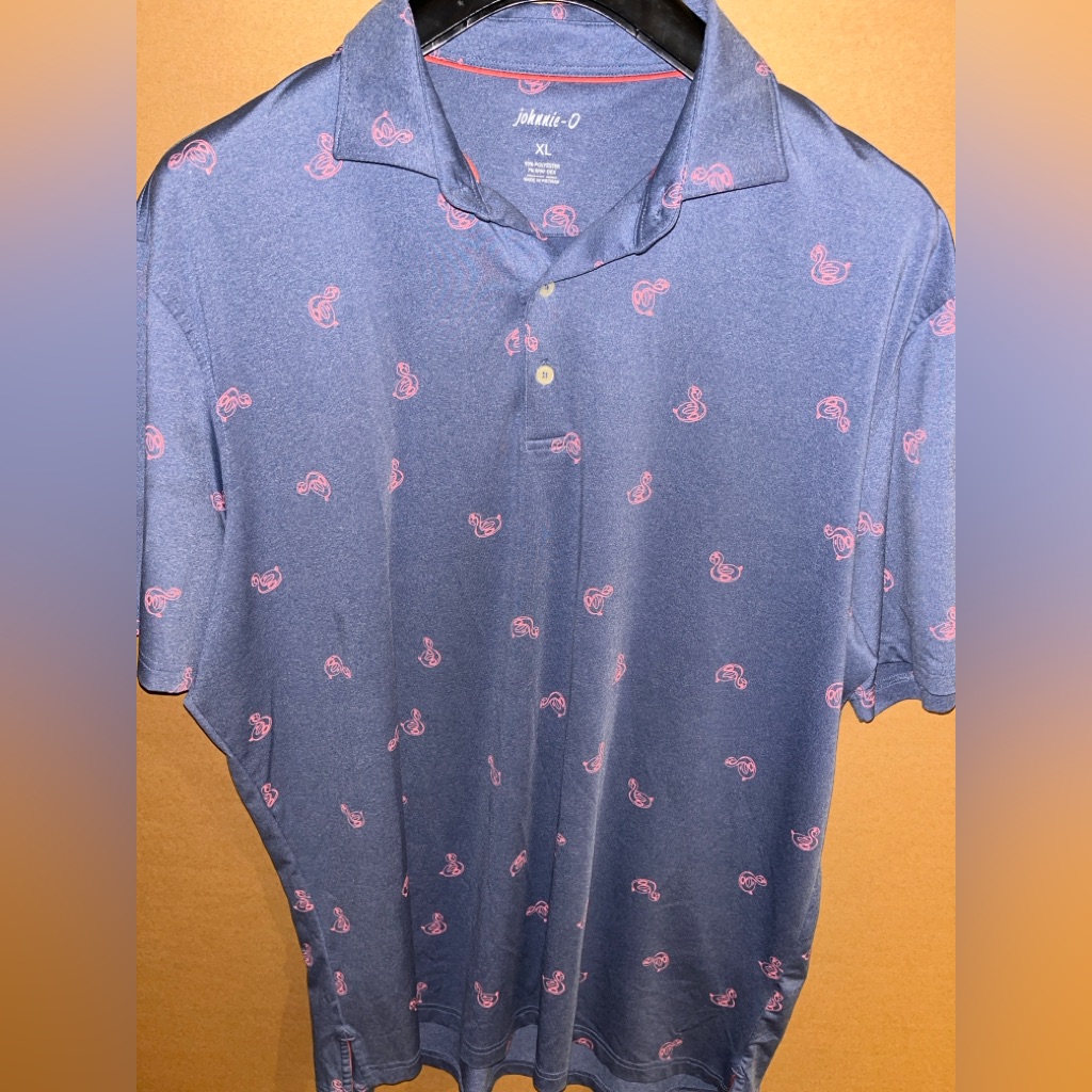 Johnnie-O Men's Blue Pink Flamingo Performance Golf Polo Xl Euc Great